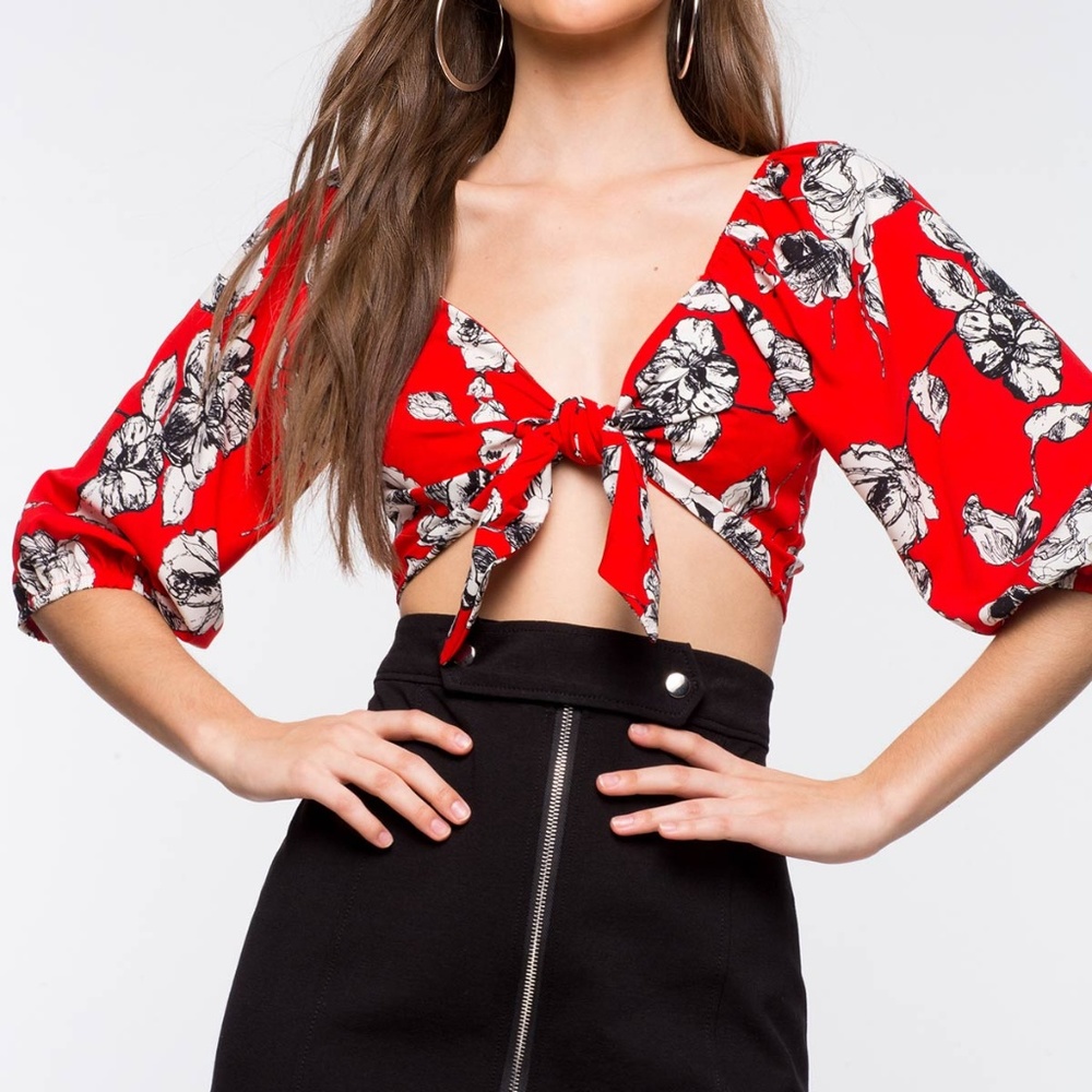 Red Floral Print Tie Front Island Fever Crop Top